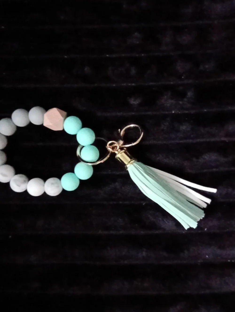 Aqua and White Beaded Keychain Bracelet with Tassel & Bracelet